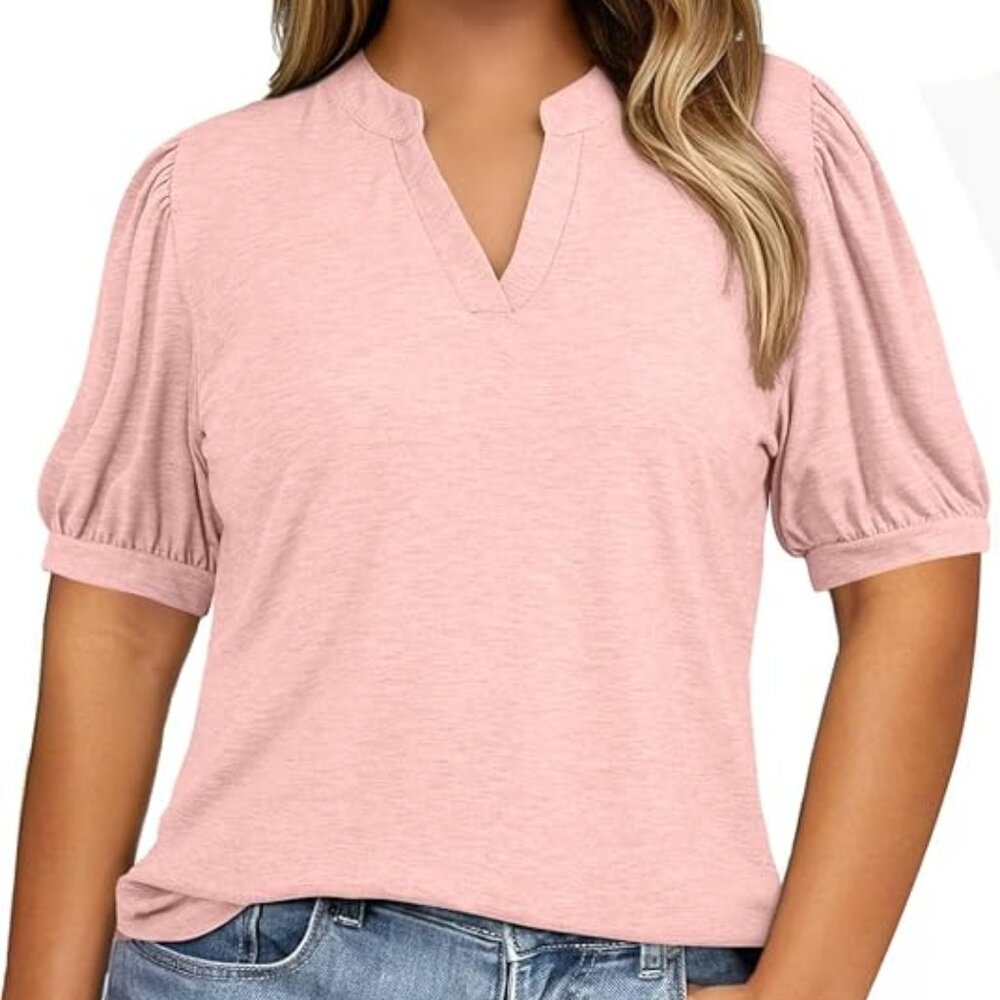 V Neck Puff Short Sleeve Summer Loose Plus 3X